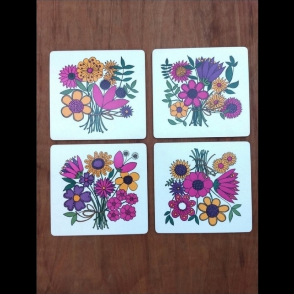 Vintage set of 4 flower floral trivets white wall art accents
